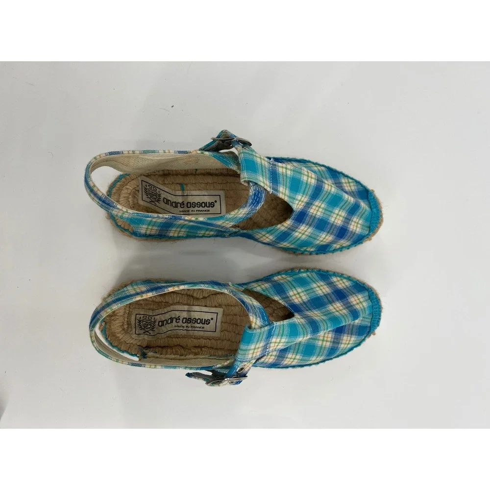 Andre Assous Plaid Espadrille T-Strap Platform Sandals Blue Green Womens 6